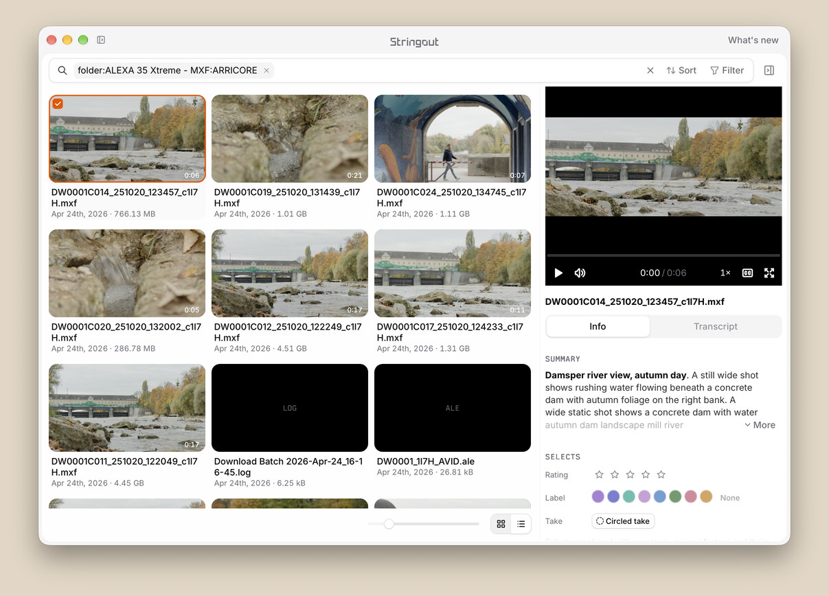 Stringout Grid view of ARRI ALEXA 35 camera originals, with clip thumbnails, names, and file sizes.