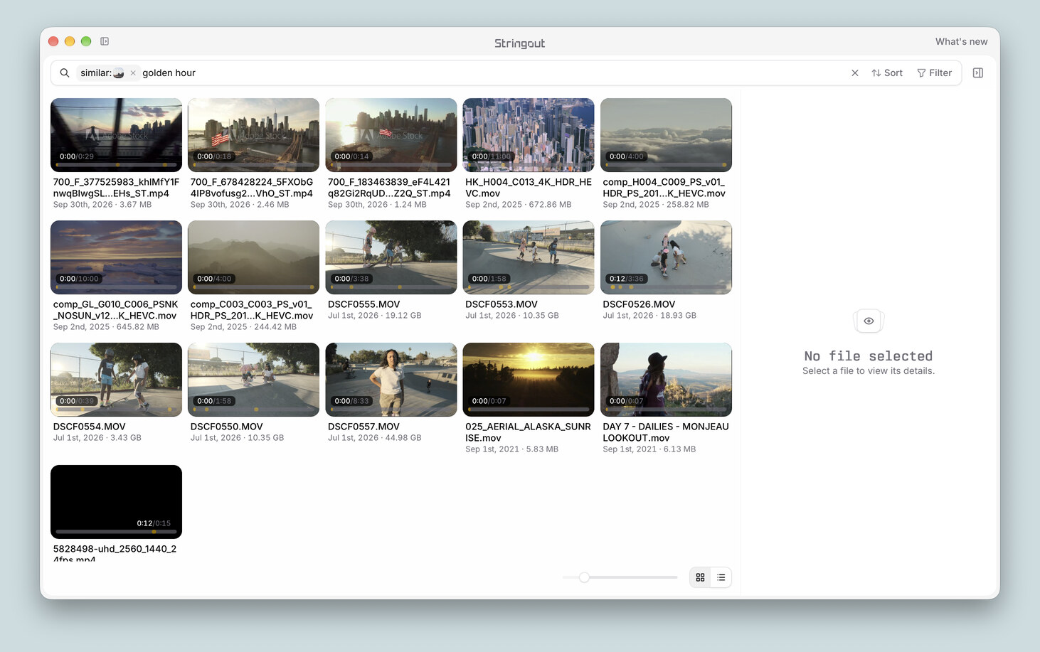 Stringout search results for golden hour with a similar-image reference, showing matching footage in Grid view.