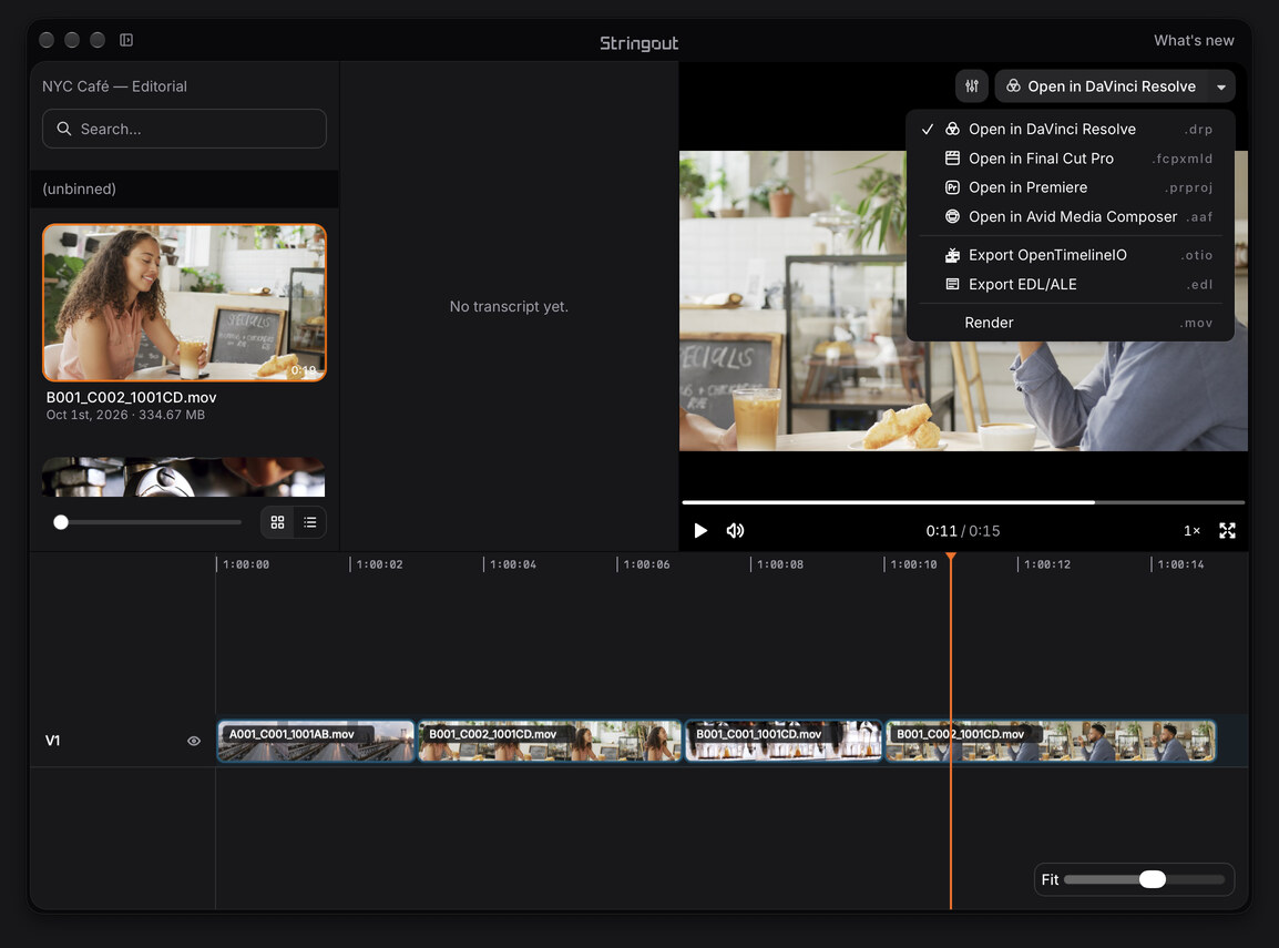 Camera-named café footage in the source panel of the NYC Café Editorial demonstration project in Stringout.