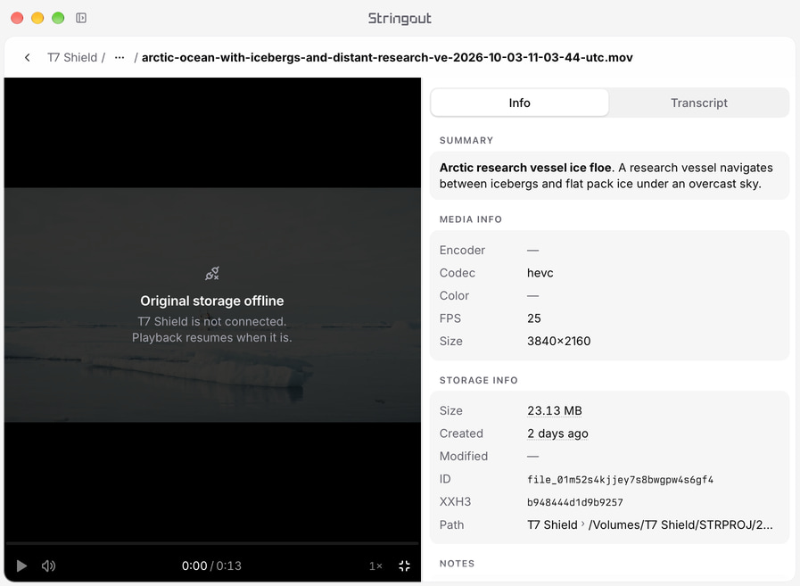 Stringout file page for an Arctic research-vessel source on T7 Shield, with its file path and the Original storage offline playback state.