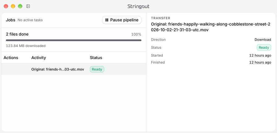 Stringout Jobs showing an illustrative completed original download for a licensed hostel campaign recording, with the transfer selected in the real details panel.