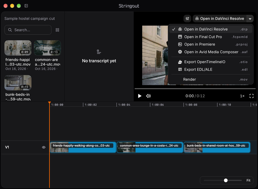 An illustrative Stringout hostel campaign cut with licensed travel footage, source-linked timeline ranges, the real Player and the NLE export chooser.
