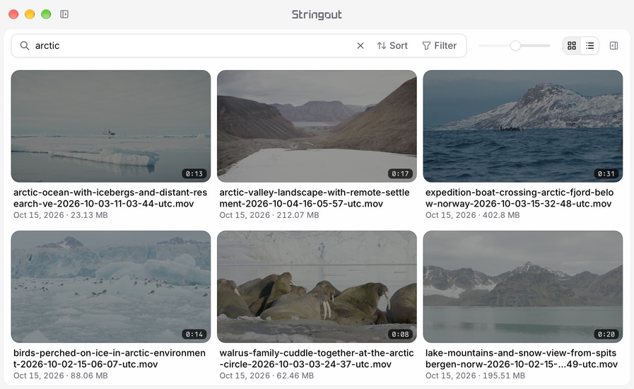 Stringout search for arctic across the library, showing icebergs, fjords, birds and walruses with both sidebars closed.