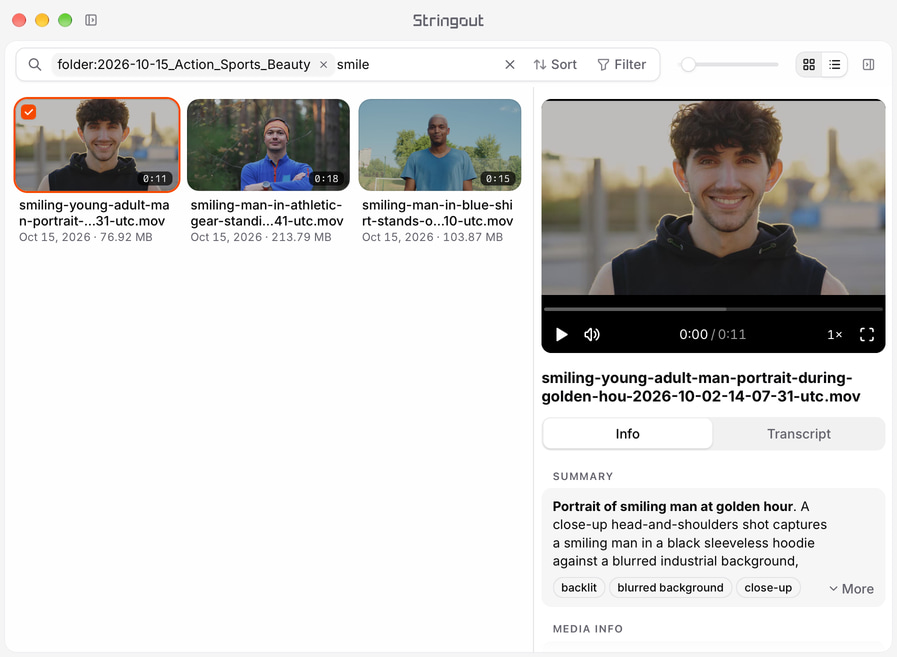 Stringout search for smile within an action sports and beauty folder, with a smiling young man selected and his preview and summary shown in the Info sidebar.