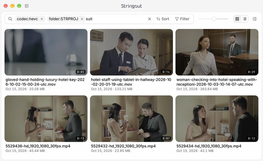 Stringout search for suit in STRPROJ HEVC footage, showing six hotel and café clips with both sidebars closed.