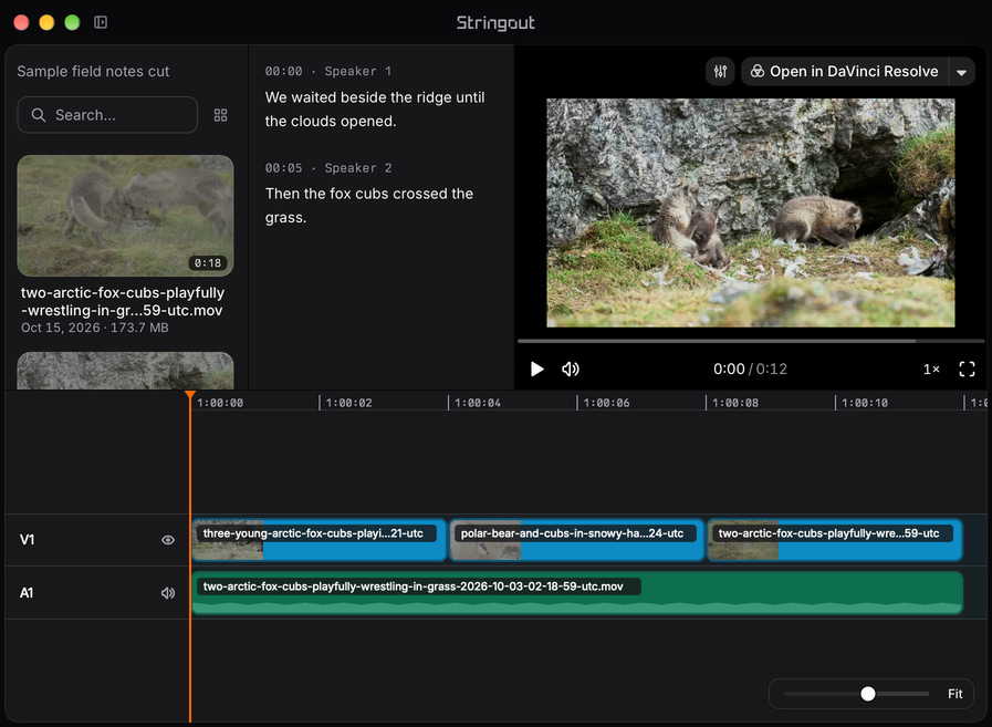 An illustrative Stringout project cut showing a source-linked range, wildlife preview, and sample speaker words in the real project Transcript panel.