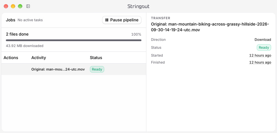 The real Stringout Jobs interface with an illustrative Ready original-download status for the licensed mountain biker camera recording and its selected transfer details.