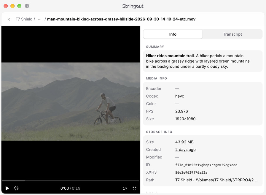 Stringout file page showing a mountain biker source recording, its original filename, preview and T7 Shield storage path.